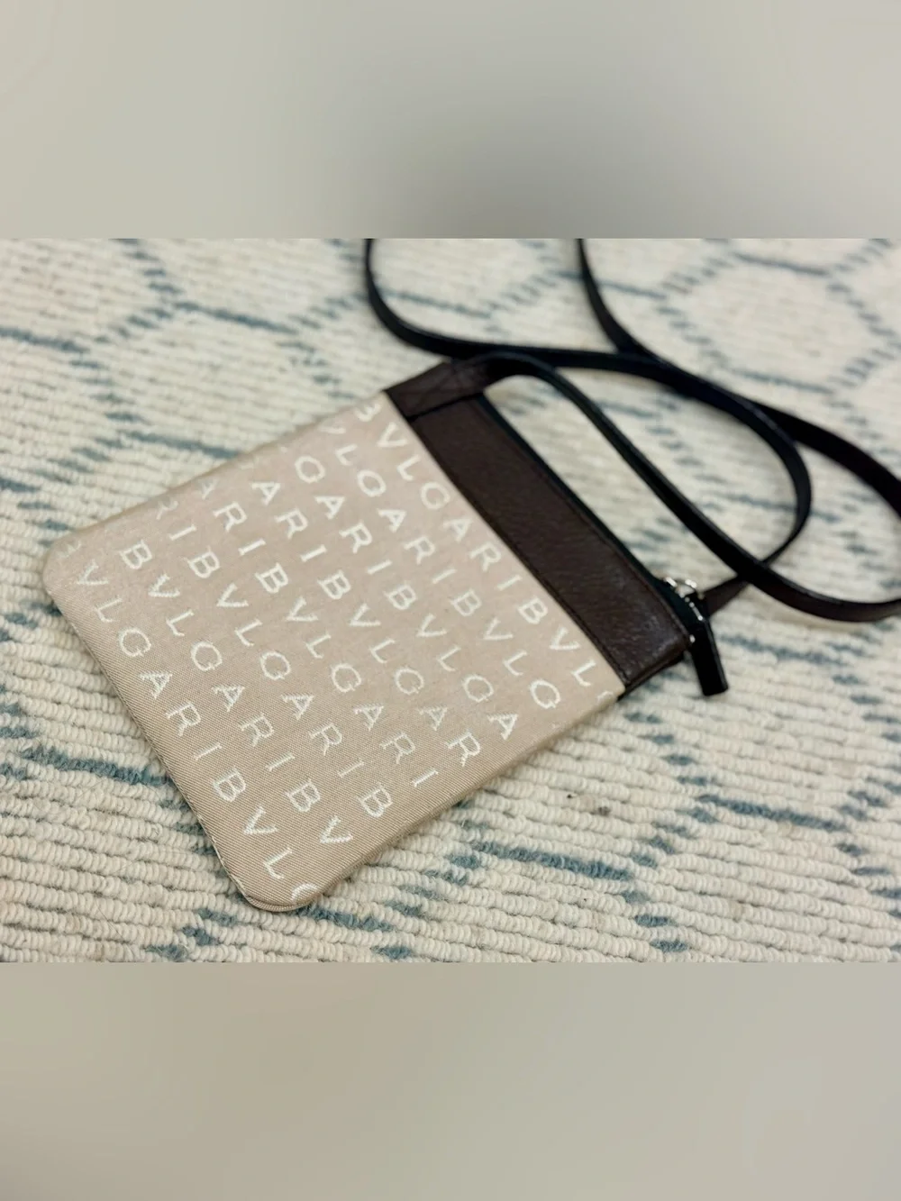 BVLGARI Unisex Rare Logomania Beige Leather Canvas Flat Pouch Crossbody Bag